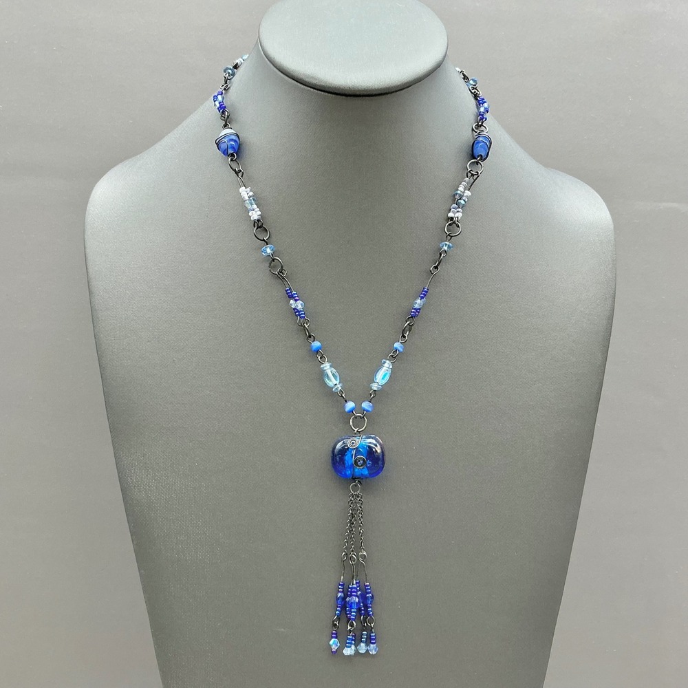 Beaded Tassel Pendant Necklace Women Blue Glass Wire Wrapped Fashion Costume